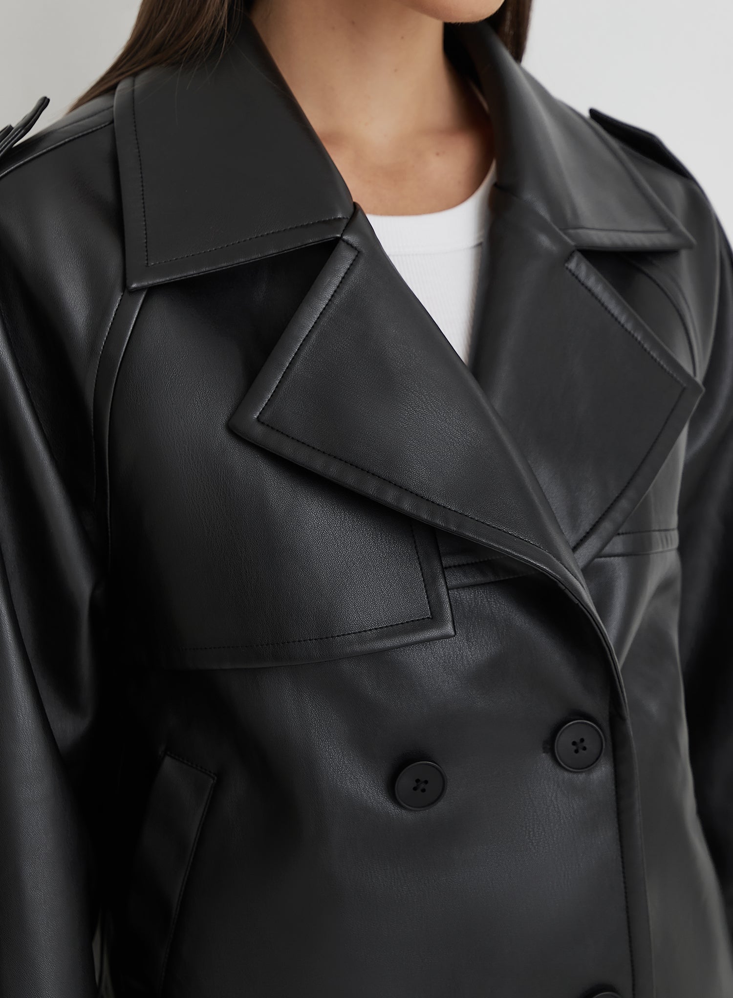 Black Faux Leather Cropped Trench Coat